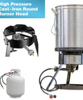 Beefy Cast Iron Propane Burner Head With 20 PSI Regulator And Hose for outdoor cooking with stainless steel pot and propane tank setup.