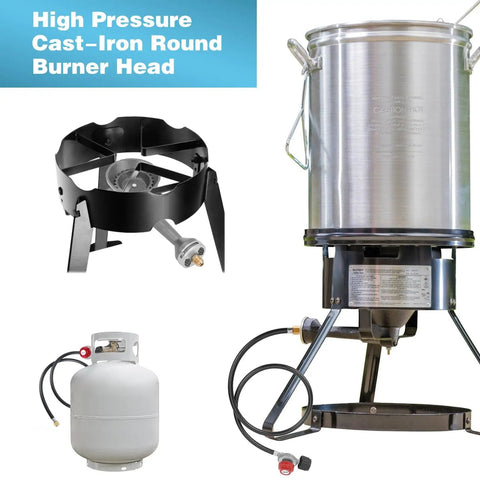 Beefy Cast Iron Propane Burner Head With 20 PSI Regulator And Hose for outdoor cooking with stainless steel pot and propane tank setup.