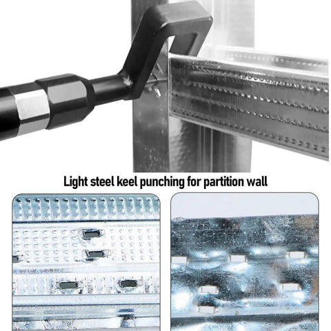 Effortless 21V Cordless Keel Pliers With 360 Rotating Head For Steel Stud Framing And Drywall Includes Heavy Duty Battery For Power Punching And Riveting On Any Gig, demonstrating light steel punching on partition wall.