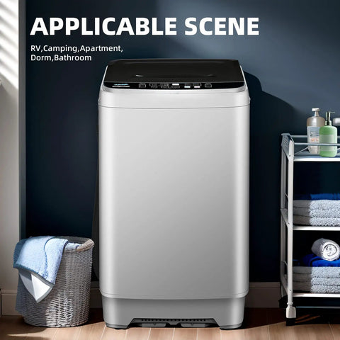 Super Compact Portable Washing Machine Grey Fully Automatic Top Load Washer in a modern bathroom setting.
