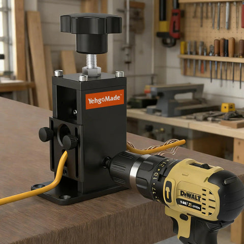 Drill Powered Copper Wire Stripping Tool For 16AWG To 300MCM Copper Wire, heavy duty aluminum alloy, installed in workshop.