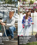 Woman using a 10-25ft leader hose for extended reach in garden, highlighting leader hose uses for water routing.