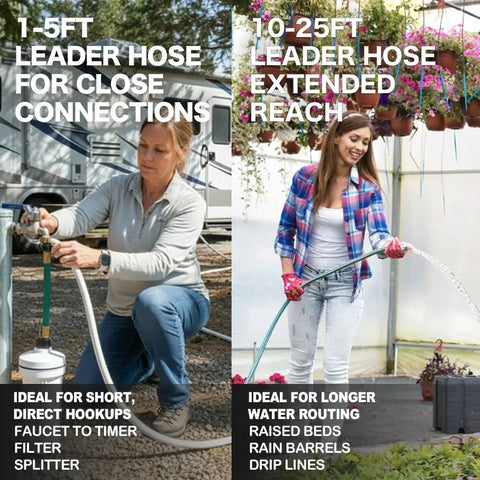 Woman using a 10-25ft leader hose for extended reach in garden, highlighting leader hose uses for water routing.