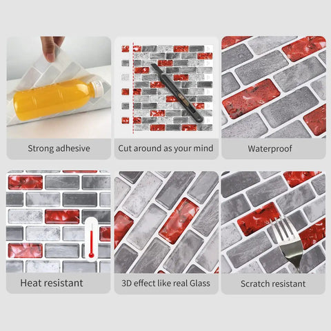 Demonstrating Red Marble Peel And Stick Backsplash Tiles For Kitchen And Bathroom 12 By 12 Inches 10 Sheets Self Adhesive features