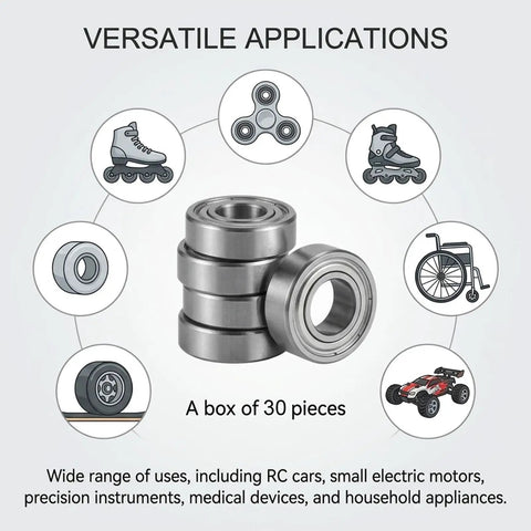 Thirty Pack Of 188 Deep Groove Ball Bearings With 3mm Inner And 8MM Outer Diameter Plus 4MM Width, ideal for various applications.