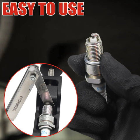 Close-up of Universal Spark Plug Gap Tool with Feeler Gauge adjusting a spark plug, showing easy grip for precise gap measurement.
