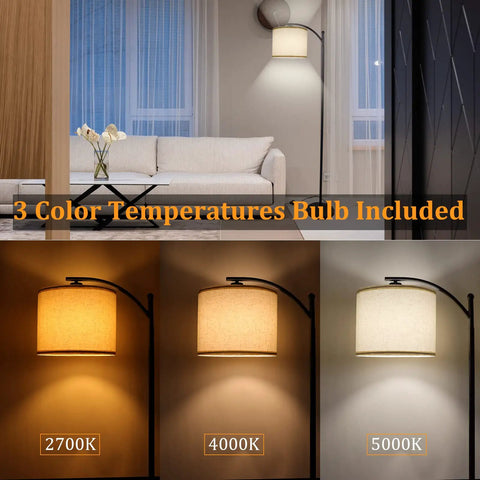 Lit Tall Arc Floor Lamp With Beige Linen Shade, showing 3 color temperatures: 2700K, 4000K, 5000K, in a living room setting.