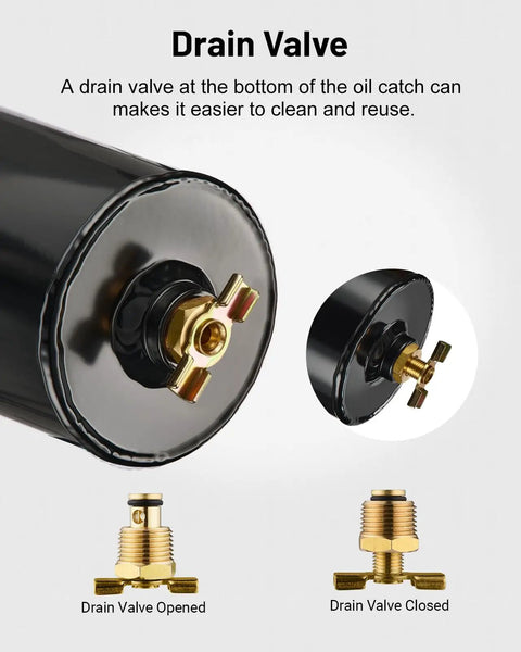 Dope 10AN Oil Catch Can Breather Tank close-up of brass drain valve in open and closed positions