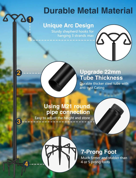 Heavy Duty Outdoor String Light Poles 9 Foot Metal Poles With 7 Prong Base And Two Hooks For Backyard Garden Patio Deck Holiday Party 2 Pack Weather Resistant Steel Construction For All Seasons, detailed features description