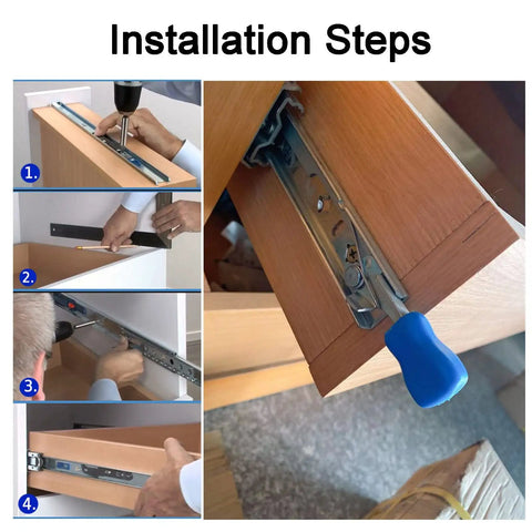 Installation steps for Two Pack Three Fold Drawer Slides With Full Extension Ball Bearing Glides, 56 Inch Drawer Runners.