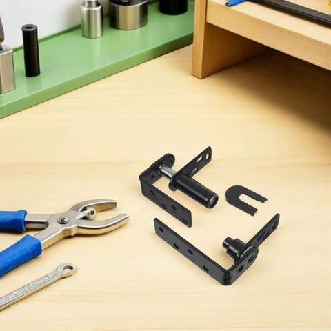 Heavy Duty Double-Sided Self-Closing Door Hinges With Spring Mechanism, Black Finish, Smooth Steel Build, For Interior And Exterior Bar Doors, Easy One-Handed Self-Closing Action, Ideal Hardware For Bar Counter, shown with tools
