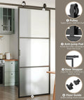Super Slick Frosted Privacy Glass Barn Door Hardware Kit With Heavy Duty Track And Silent Rolling Wheels For Easy 36 By 84 Inch Sliding Install Plus Smooth Gliding Action Room Divider Setup, featuring pulleys and anti-jump pad.