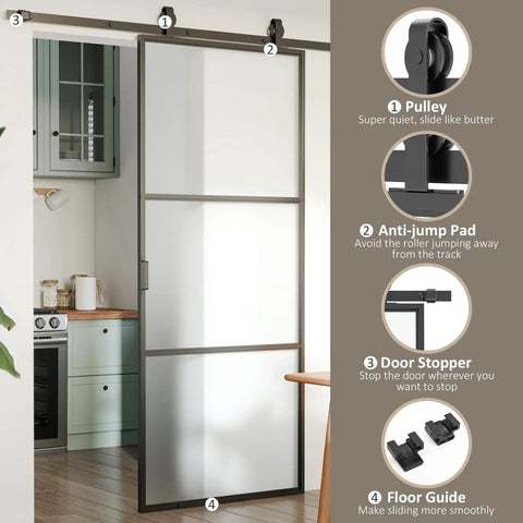Super Slick Frosted Privacy Glass Barn Door Hardware Kit With Heavy Duty Track And Silent Rolling Wheels For Easy 36 By 84 Inch Sliding Install Plus Smooth Gliding Action Room Divider Setup, featuring pulleys and anti-jump pad.