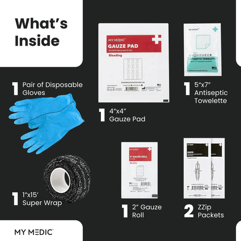 ZZips MedPack Wound Closure Kit contents with gloves, gauze pad, antiseptic towelette, super wrap, gauze roll, and ZZip packets.