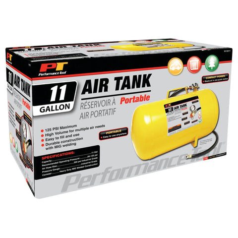 Hi-Viz 11-Gallon Horizontal Portable Air Tank With Tire Air Chuck, Safety Bypass Valve, On Off Dial in packaging