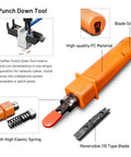 Close-up of punch-down tool from 11 In 1 Pro Grade Network Tool Kit For Ethernet Cabling Pass Through Crimper RJ45 Tester Punch Down Tool Stripper Cutter Cat6 Pass Through Connectors And Boots In A Tough Portable Case.