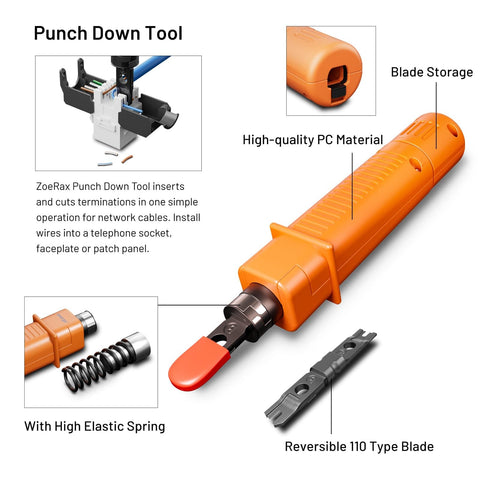 Close-up of punch-down tool from 11 In 1 Pro Grade Network Tool Kit For Ethernet Cabling Pass Through Crimper RJ45 Tester Punch Down Tool Stripper Cutter Cat6 Pass Through Connectors And Boots In A Tough Portable Case.