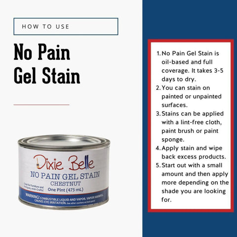 No Sweat Oil Base Gel Stain In Chestnut with usage instructions on how to apply for furniture finish.