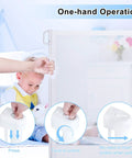 Demo of one-hand operation on Retractable Baby Gate for Stairs and Doorways, 34 Inch Tall Expands to 72 Inch Wide, White.
