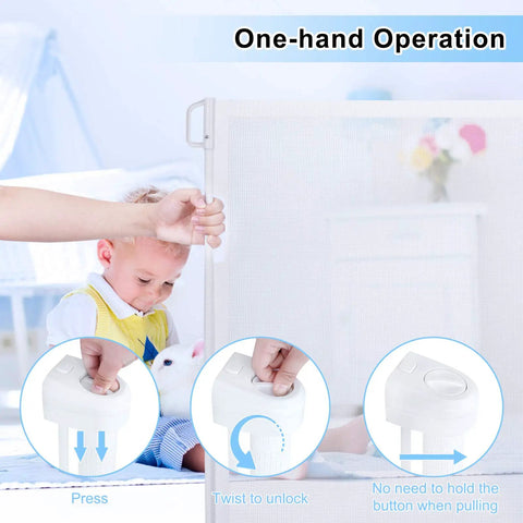 Demo of one-hand operation on Retractable Baby Gate for Stairs and Doorways, 34 Inch Tall Expands to 72 Inch Wide, White.