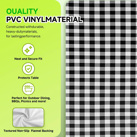 PVC vinyl waterproof 6 foot table cover with bench covers and storage bag featuring black and white check pattern for outdoor use