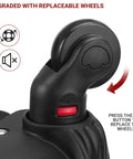 Close-up of rolling backpack wheel assembly showing replaceable wheel and red release button
