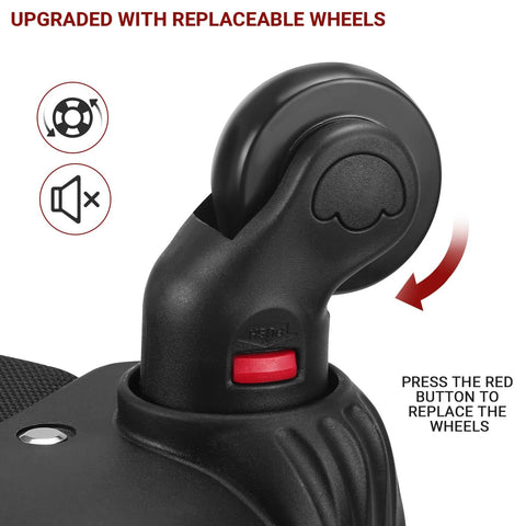 Close-up of rolling backpack wheel assembly showing replaceable wheel and red release button