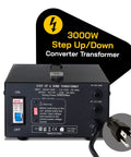 Heavy Duty 3000 Watt Voltage Converter Transformer with circuit breaker, side angle view showing plug and labeling