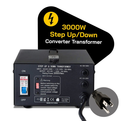 Heavy Duty 3000 Watt Voltage Converter Transformer with circuit breaker, side angle view showing plug and labeling