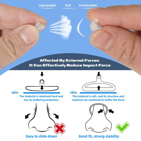 Hands holding air cushion nose pads showing lightweight, soft, and comfortable features, part of No Sweat Gold Eyeglass Repair Tool Kit.