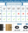Diagram of Muzata Cable Railing Adhesive Sleeve Series for wood and metal posts showing compatible models and sizes.