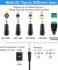 Universal 12V DC Power Supply Adapter With On Off Switch 2A Output 24W 5.9 Feet Cable 5.5 X 2.5 Mm Center Positive Plug AC 100-240V In Compatible With LED Light Strips DVD Players Routers CCTV Cameras Hard Drives And Other Gear. multi DC tips and 5.5x2.5mm polarity diagram