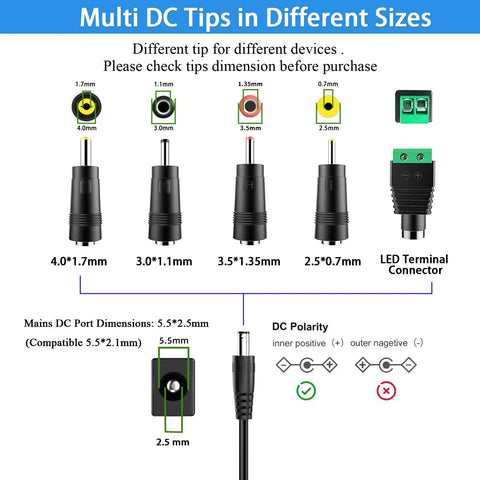 Universal 12V DC Power Supply Adapter With On Off Switch 2A Output 24W 5.9 Feet Cable 5.5 X 2.5 Mm Center Positive Plug AC 100-240V In Compatible With LED Light Strips DVD Players Routers CCTV Cameras Hard Drives And Other Gear. multi DC tips and 5.5x2.5mm polarity diagram
