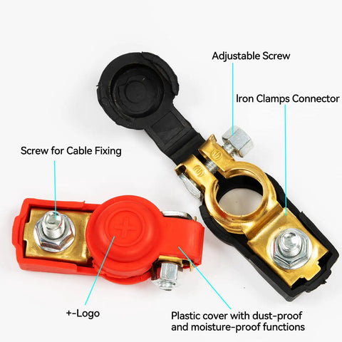 Top Post Brass Quick Release Battery Terminal Clamps Set For Auto Truck Caravan RV And Boat Applications Red Positive Black Negative Cable Connectors Easy Install Battery Lugs For Reliable Power And A Solid Connection For Your Ride, including red positive and black negative connectors with adjustable screws.
