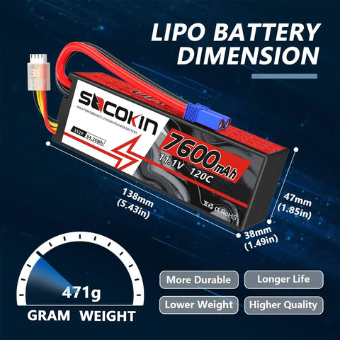 Beefy High Capacity 3S 7600mAh LiPo Battery 11.1V With EC5 Connector for RC Models displaying dimensions and weight
