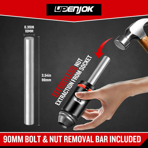 Effortless nut extraction with 90mm bolt and nut removal bar included in Five Piece Lug Nut Remover Kit With 17mm 19mm 21mm And 22mm Sockets One Half Inch Drive Pro Grade Bolt Extractor Socket Set With Removal Pin For Stripped Or Damaged Nuts DIY Ready And Easy To Use.