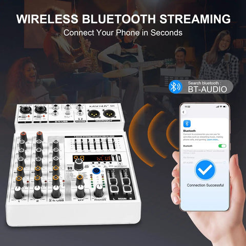 4-Channel Audio Mixer With Bluetooth And 99 DSP Effects displayed with phone showing wireless connection, ideal for live streaming.