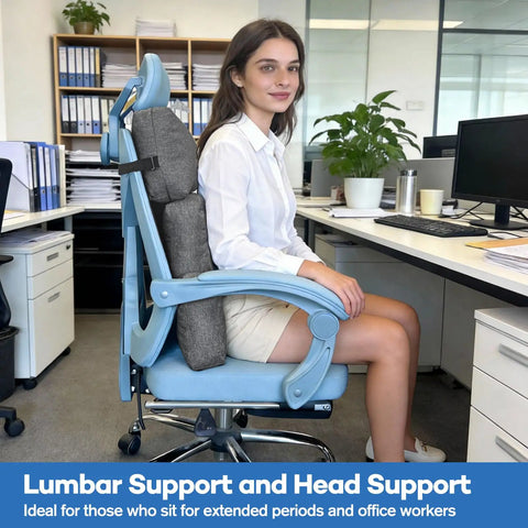 Woman using Recliner Neck And Lumbar Pillow Set With Shredded Foam Fill on office chair for comfort and support