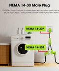 NEMA 14-30 Male Plug connected to dryer and wall outlet, showing Premium Heavy Duty 30 Amp Y Splitter Cord For Tesla Ev Chargers And Household Dryers Nema 14 30p Male Plug To Dual 14 30r And 14 50r Outlets Plug And Play Rig.