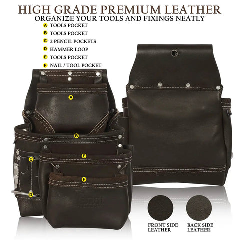 Premium Grain Leather Tool Belt With 19 Pockets And Padded Belt Carpenter Rig Set Hammer Holders Electrician Bag Construction Framing Pouch In Chocolate showing multiple pockets and dark brown finish