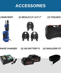 Accessories for No Fuss Heavy Duty 18V Cordless Hydraulic Copper Pipe Crimping Tool, including battery, charger, and molds.