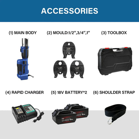 Accessories for No Fuss Heavy Duty 18V Cordless Hydraulic Copper Pipe Crimping Tool, including battery, charger, and molds.