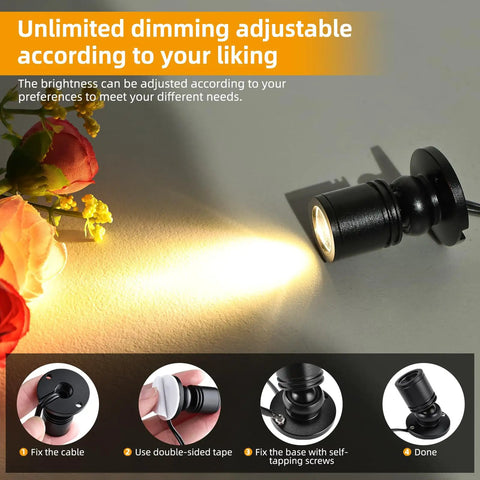 Dimmable LED Mini Spotlight Set For Jewelry Displays, 360 Degree Rotatable Surface Mount Lights, Black, shone on roses