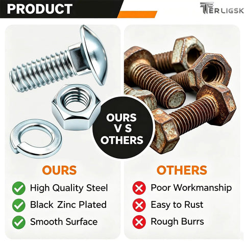Rustproof Chrome Bumper Bolts Kit 7/16-14 By 1-1/4 Inch Carriage Bolts With Nuts And Lock Washers, 4 Sets, Heavy Duty Chrome Plated Steel For Ford F-150 F-250 F-350 Mustang Front And Rear Bumper Replacement. Chrome bolt and rusted bolt comparison
