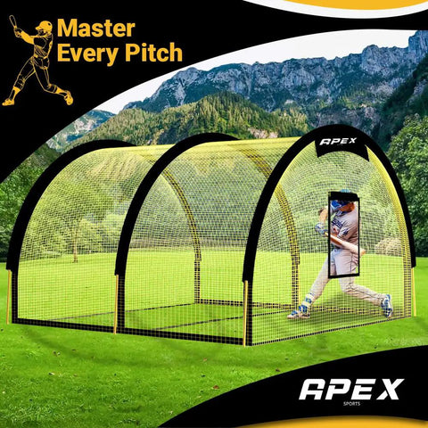 Portable Baseball And Softball Batting Cage With Pitching Machine Hole, 22 Foot By 12 Foot By 8 Foot, 3-Ply Yellow Netting in a field