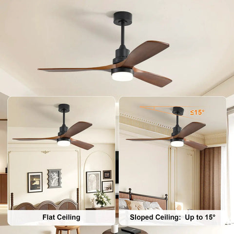 52 Inch Solid Wood Ceiling Fan With Remote And Dimmable Light in a living room, shown on flat and sloped ceilings.