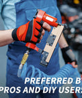 Person using pneumatic stapler with Pro Grade Brass One Quarter Inch Internal Thread Air Couplers Pack Of 10 for quick connects.