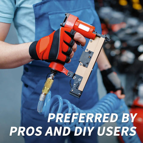 Person using pneumatic stapler with Pro Grade Brass One Quarter Inch Internal Thread Air Couplers Pack Of 10 for quick connects.