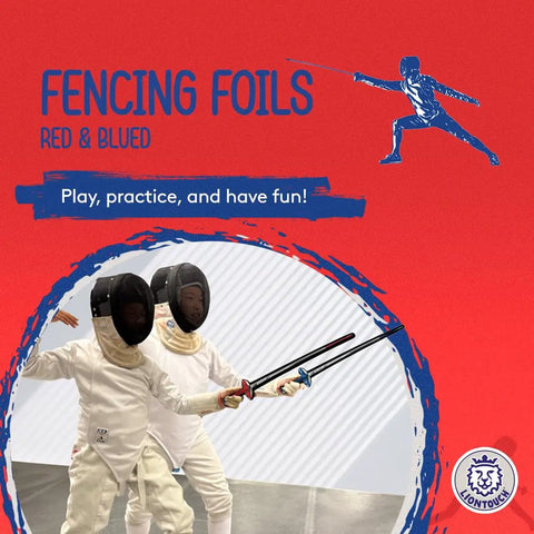 Kids playing with Two Player Kids Fencing Foam Foils Set Red and Blue Realistic Toy Swords for Ages 3 Plus