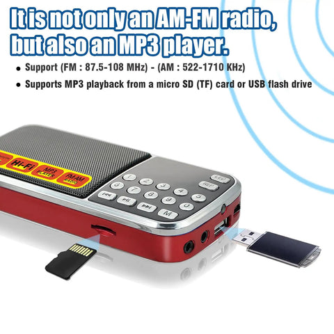 Pocket Size AM FM Radio With 1200mAh Battery For All Day Power, USB Flash Drive And Micro SD MP3 Playback feature display